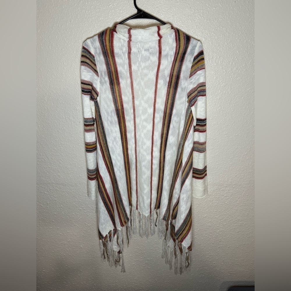 Escio Striped Knit Fringe Cardigan Sweater S White Multicolor Boho - Picture 5 of 6